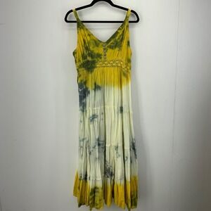 Yellow Tie Dye Maxi Dress Boho Crochet Tiered Smocked Summer Beach Coastal Sz. M